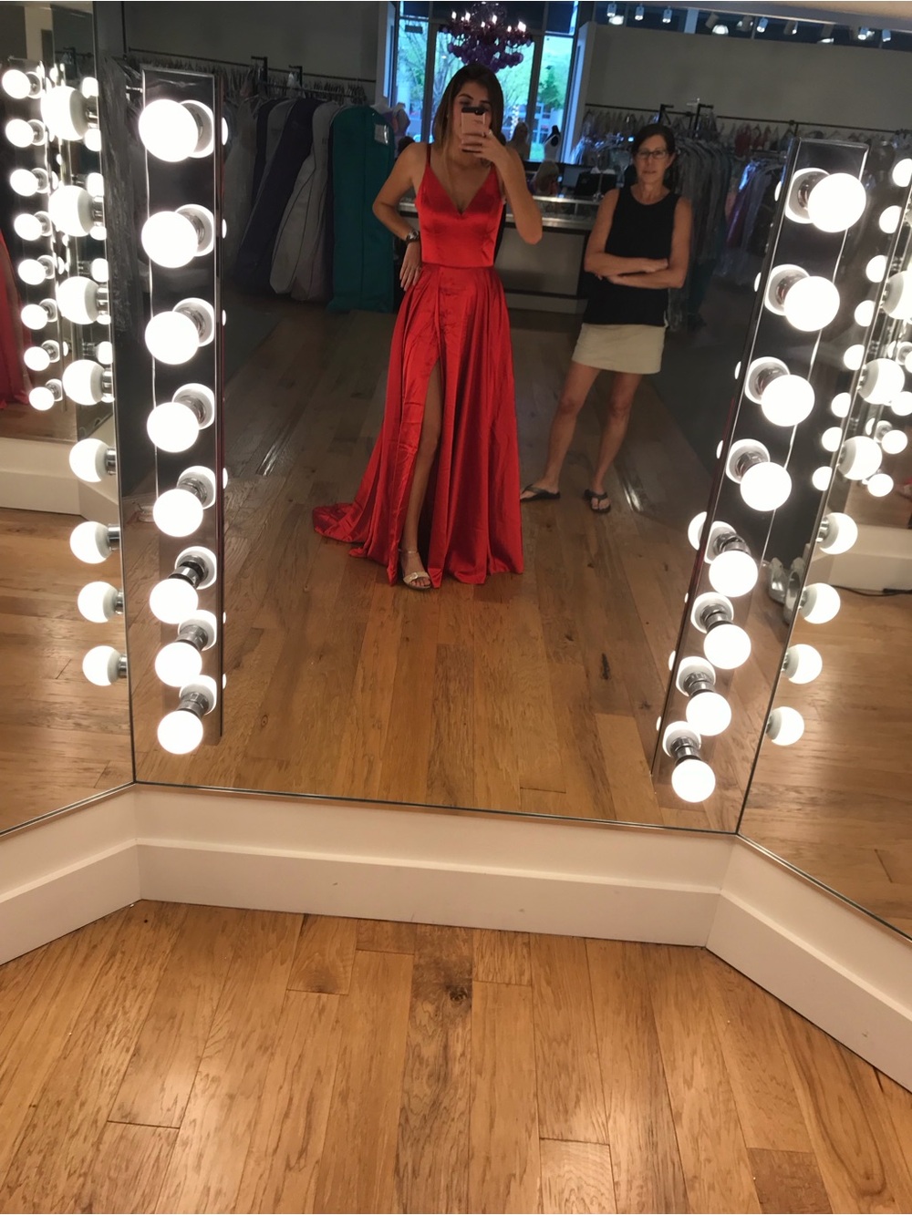 Sherri Hill Red Satin V-Neck Maxi Gown with Side Slit
